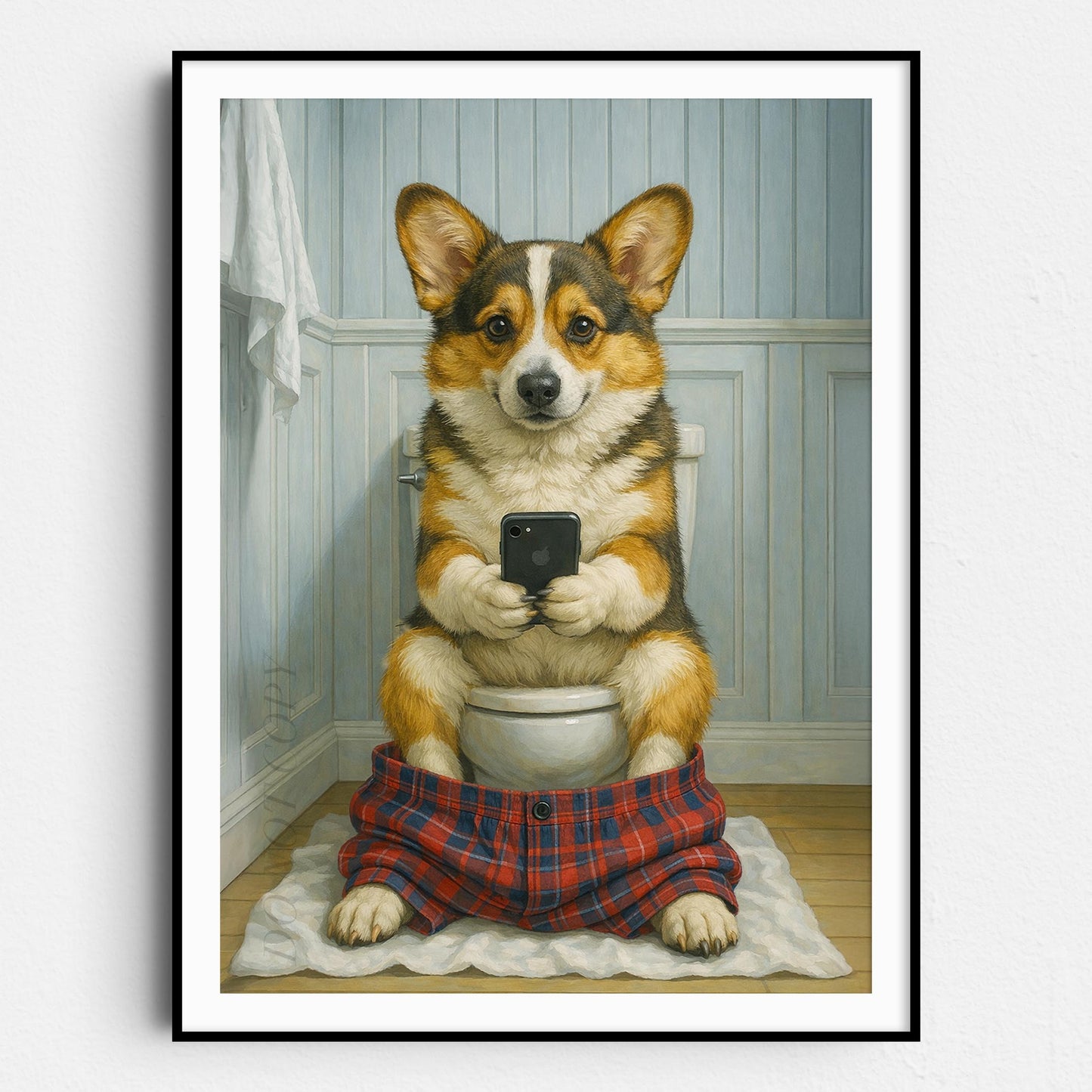 Cardigan Welsh Corgi Dog On The Phone On The Toilet