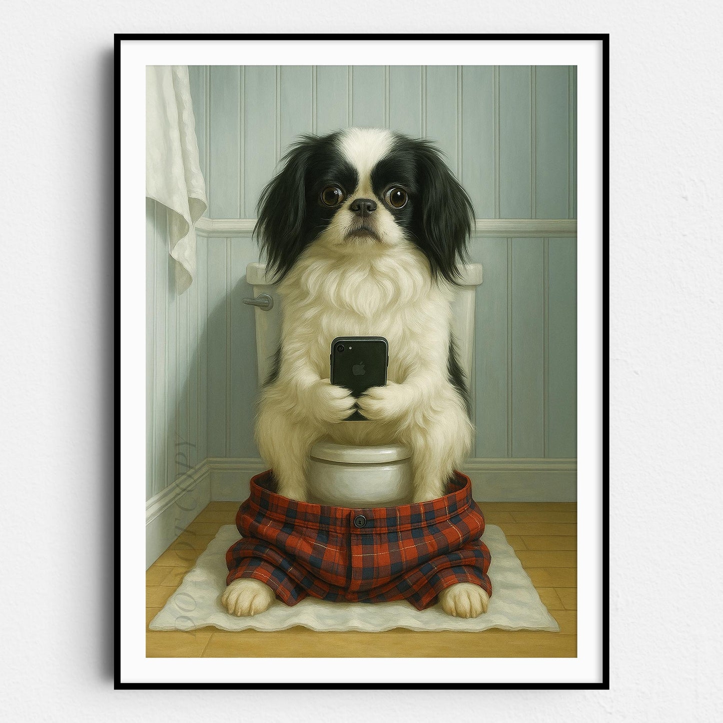 Japanese Chin Dog On The Phone On The Toilet