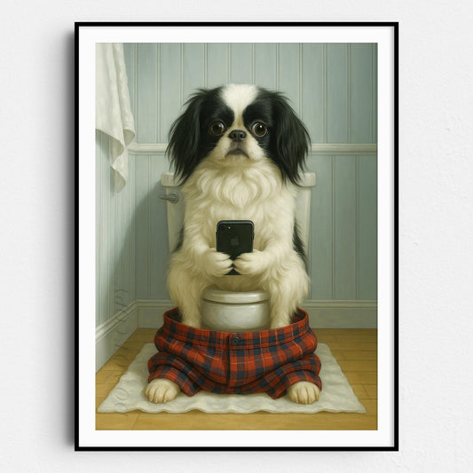 Japanese Chin Dog On The Phone On The Toilet