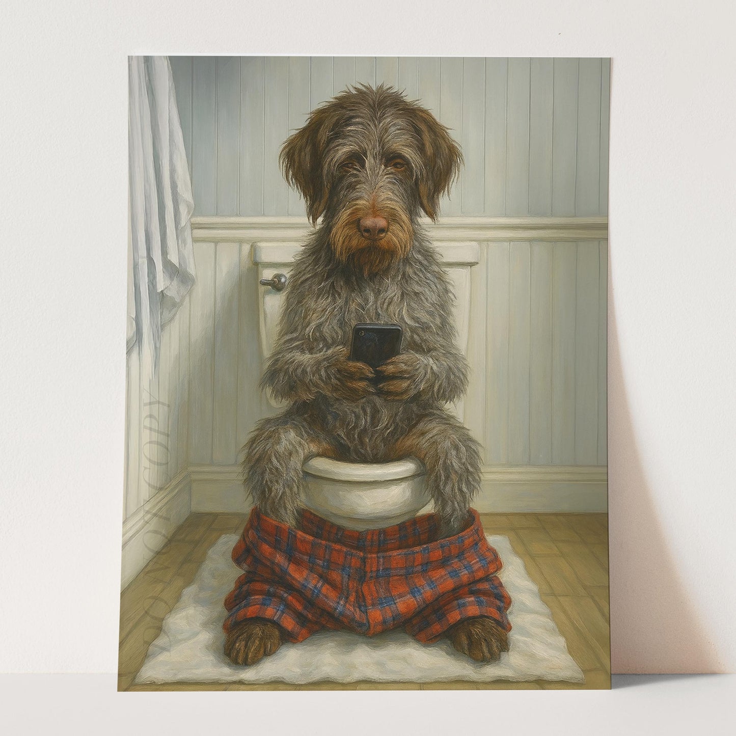 Wirehaired Pointing Griffon Dog On The Phone On The Toilet