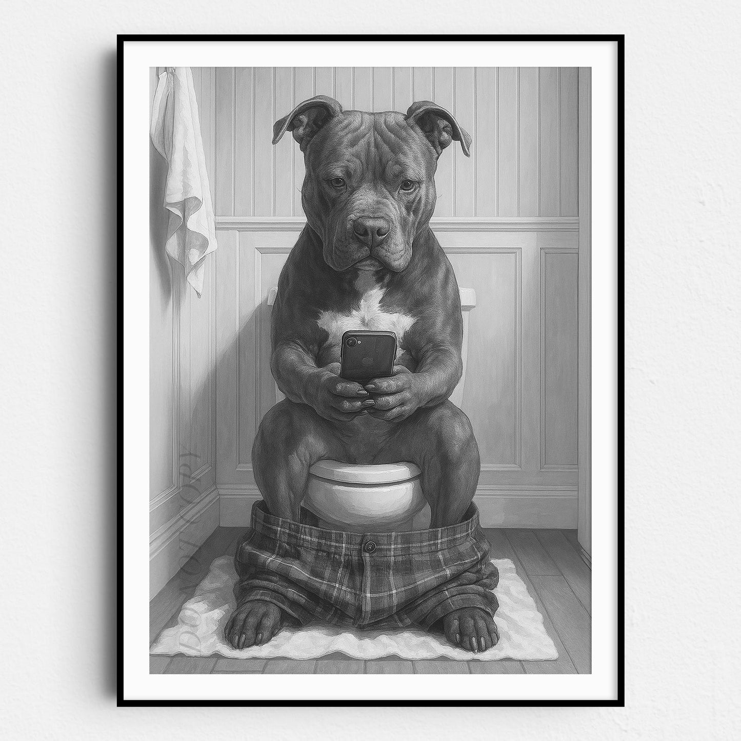 Pit Bull Terrier Dog On The Phone On The Toilet