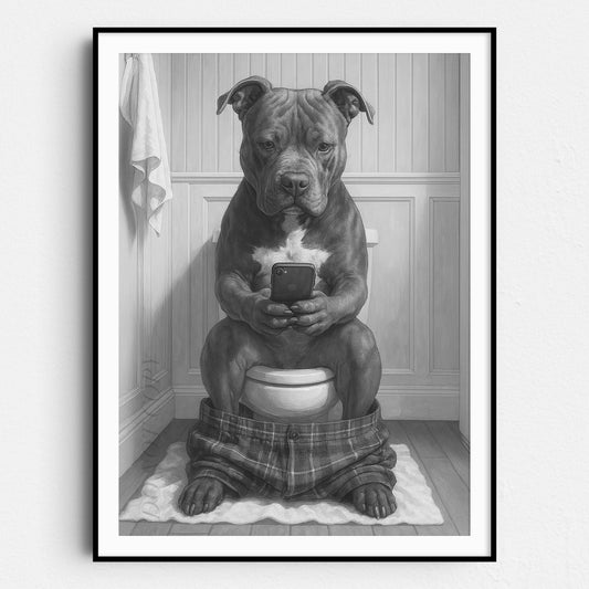Pit Bull Terrier Dog On The Phone On The Toilet