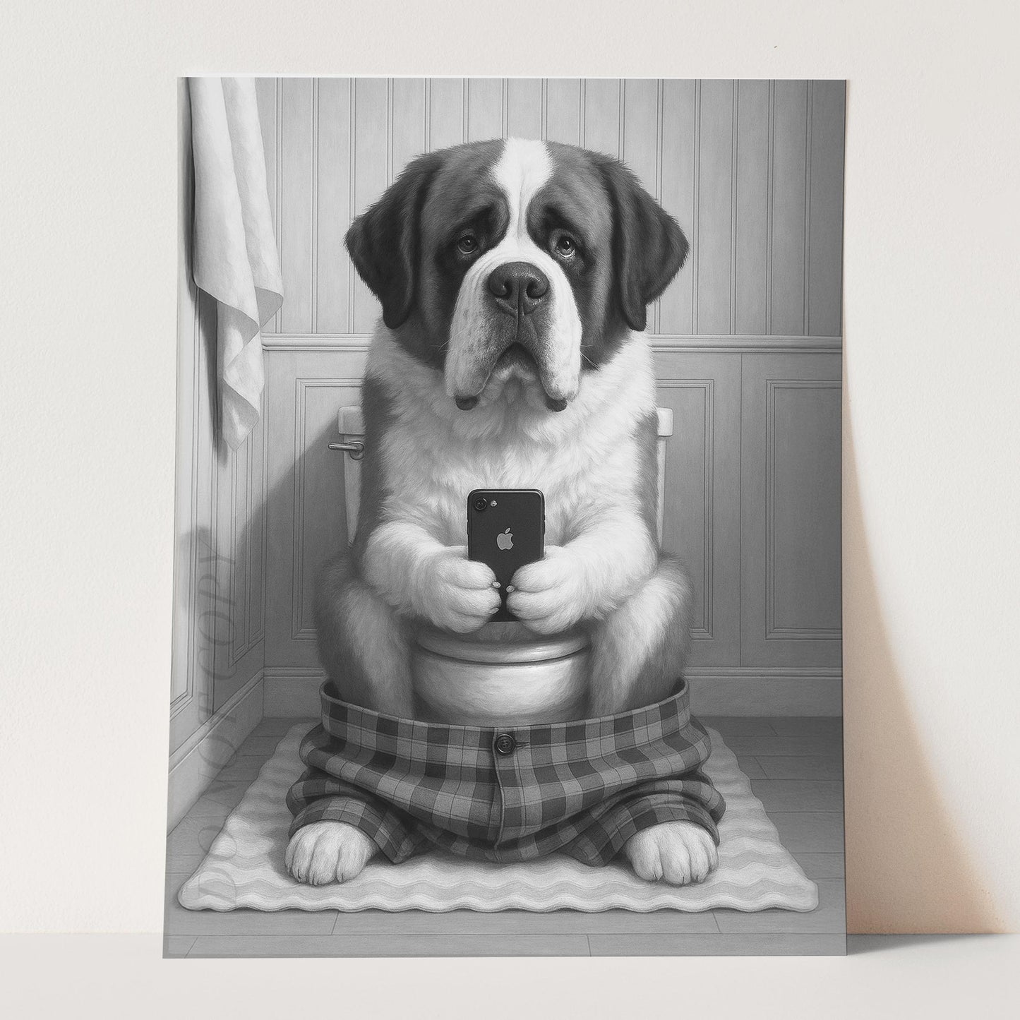 Saint Bernard Dog On The Phone On The Toilet