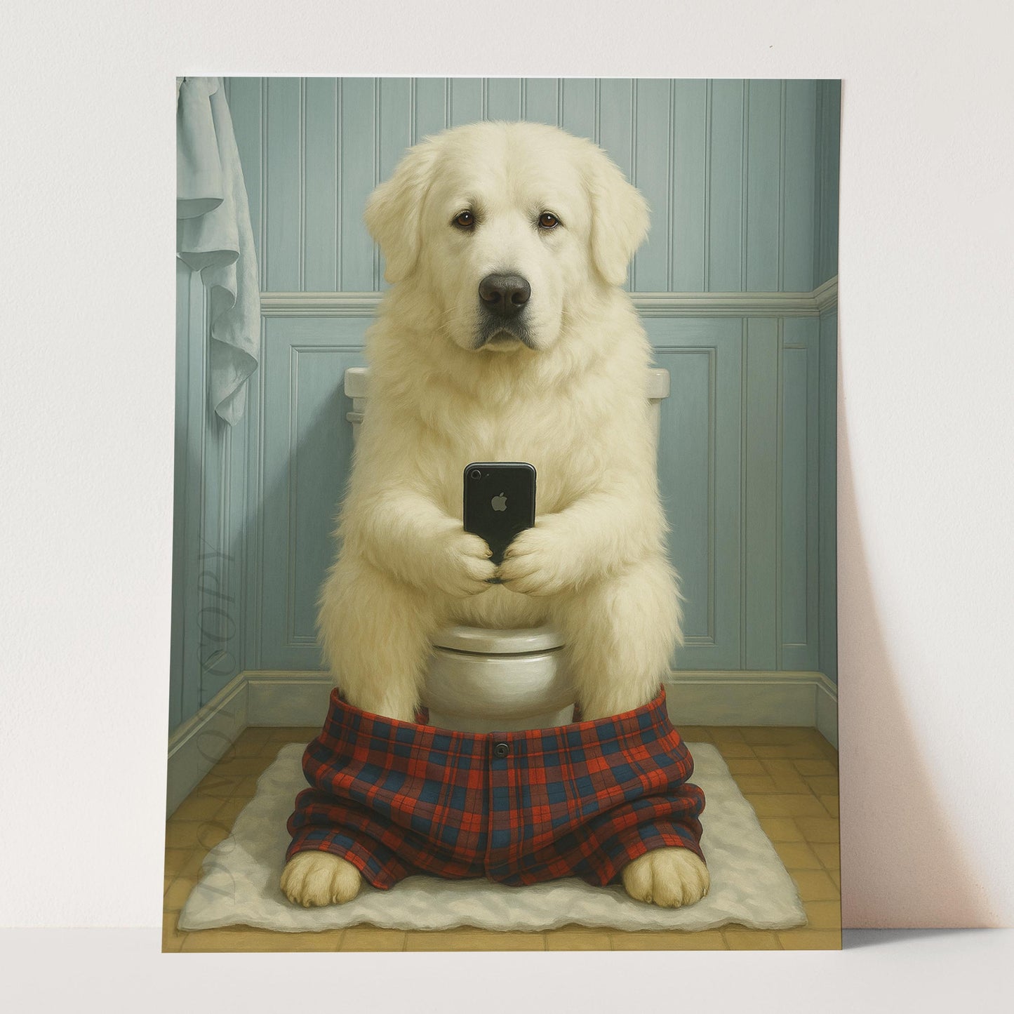 Great Pyrenees Dog On The Phone On The Toilet