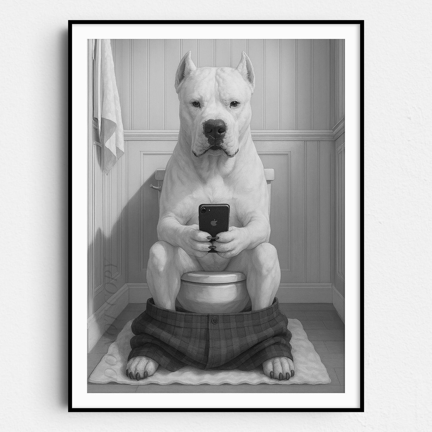 Dogo Argentino On The Phone On The Toilet