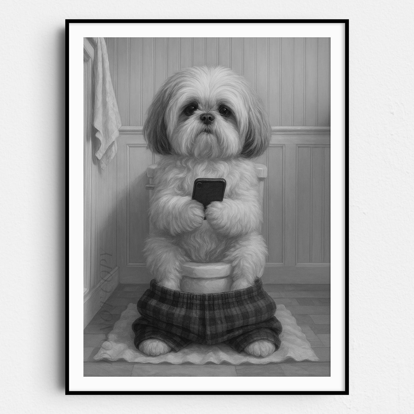 Shih Tzu Dog On The Phone On The Toilet