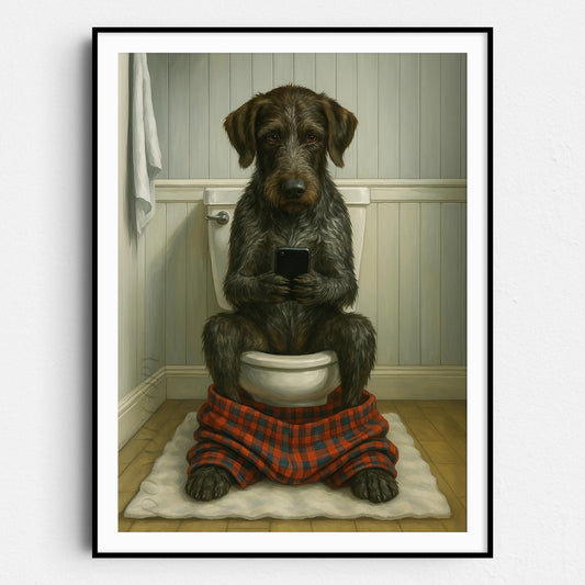 German Wirehaired Pointer Dog On The Phone On The Toilet