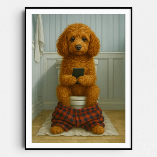 Cockapoo Dog On The Phone On The Toilet