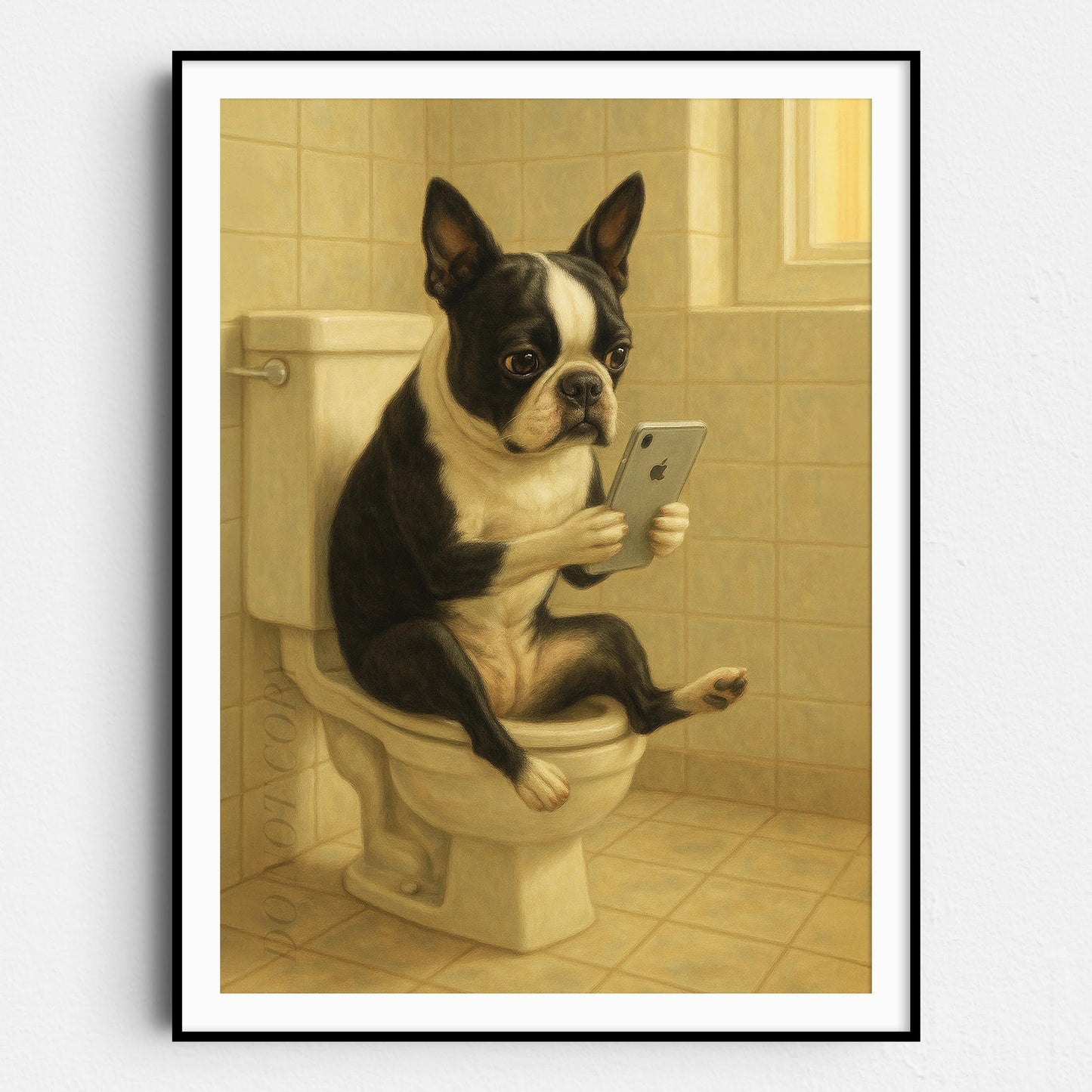 Boston Terrier Dog On The Phone On The Toilet