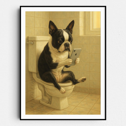 Boston Terrier Dog On The Phone On The Toilet