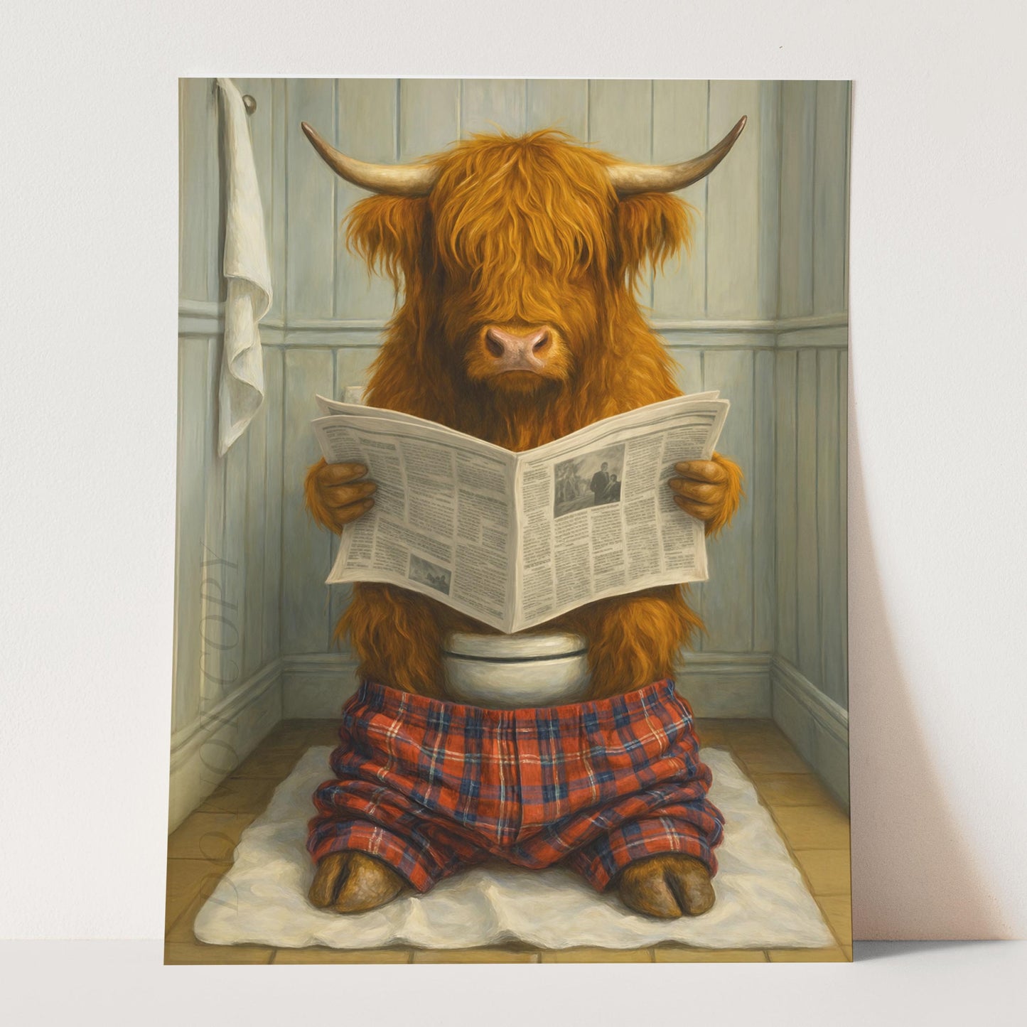 Highland Cow Reading The Newspaper On The Toilet