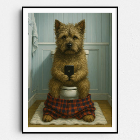 Cairn Terrier Dog On The Phone On The Toilet
