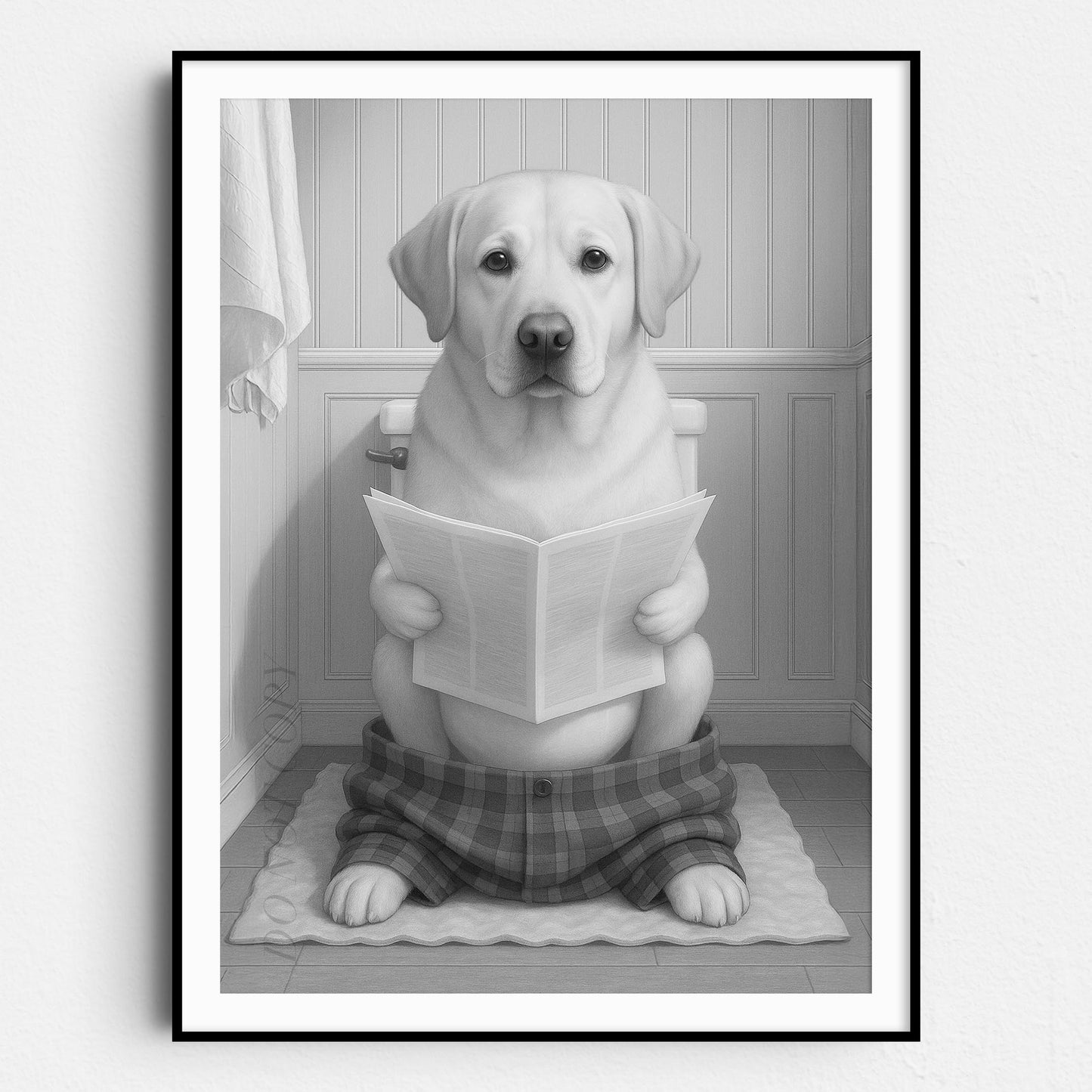Yellow Labrador Retriever Dog Reading The Newspaper On The Toilet