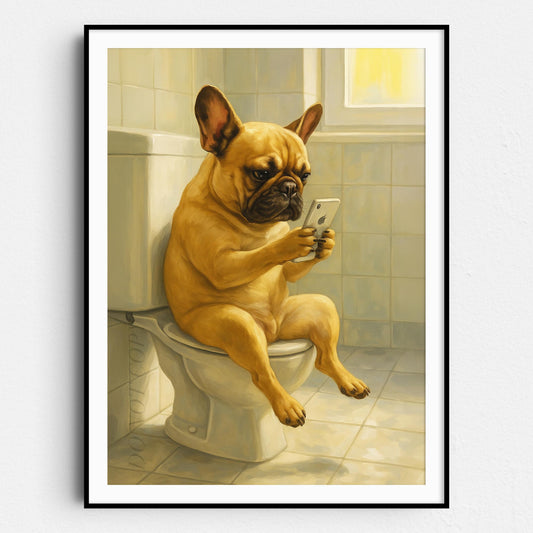 French Bulldog On The Phone On The Toilet