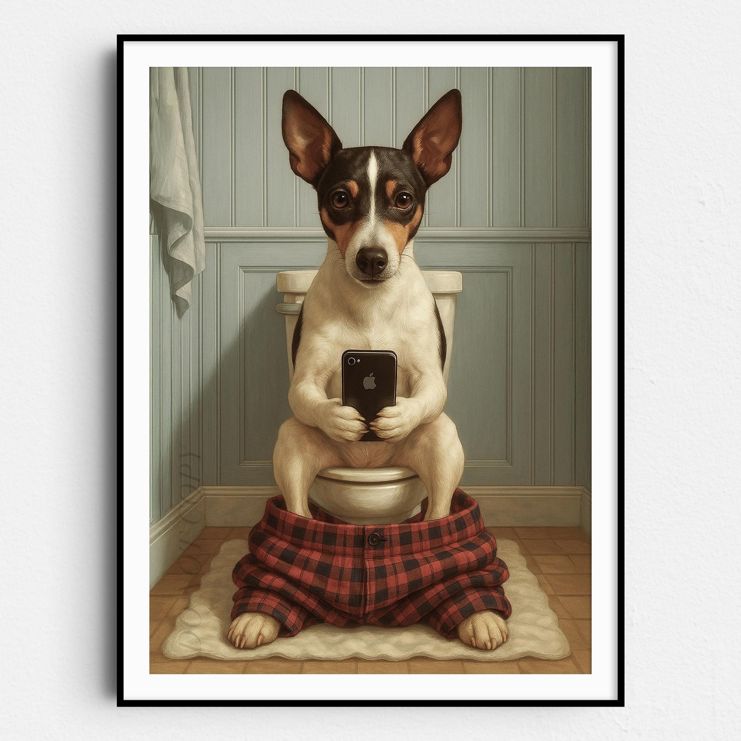 Rat Terrier Dog On The Phone On The Toilet