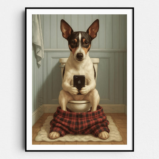 Rat Terrier Dog On The Phone On The Toilet