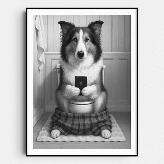 Collie Dog On The Phone On The Toilet