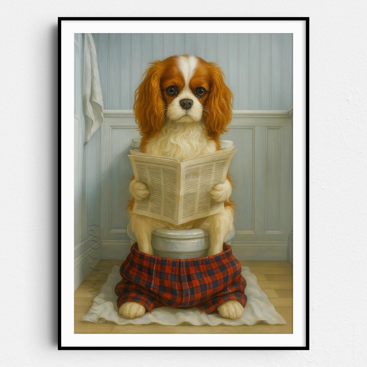 Cavalier King Charles Dog Reading The Newspaper On The Toilet