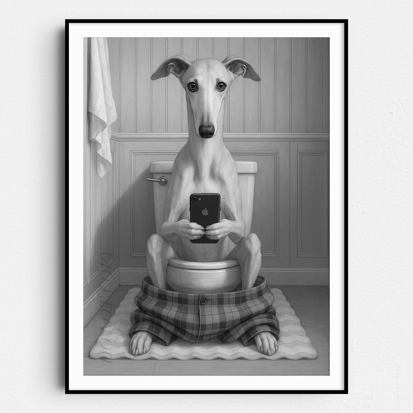 Greyhound Dog On The Phone On The Toilet