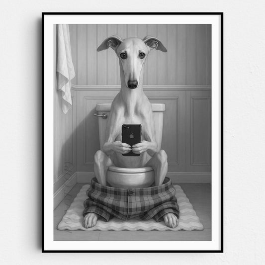 Greyhound Dog On The Phone On The Toilet