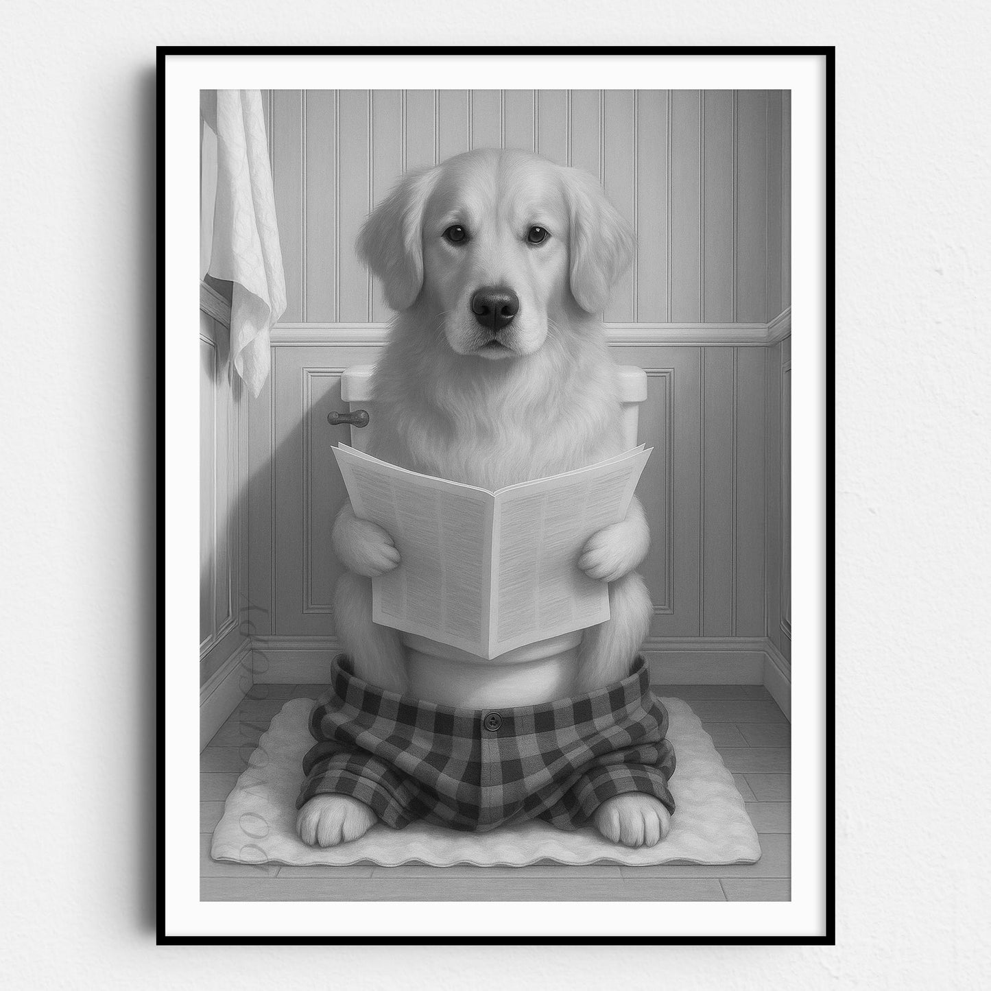 Golden Retriever Dog Reading The Newspaper On The Toilet
