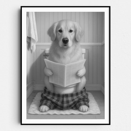 Golden Retriever Dog Reading The Newspaper On The Toilet