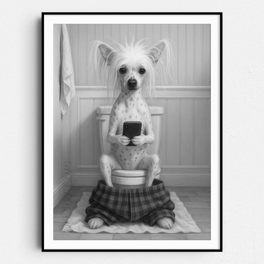 Chinese Crested Dog On The Phone On The Toilet