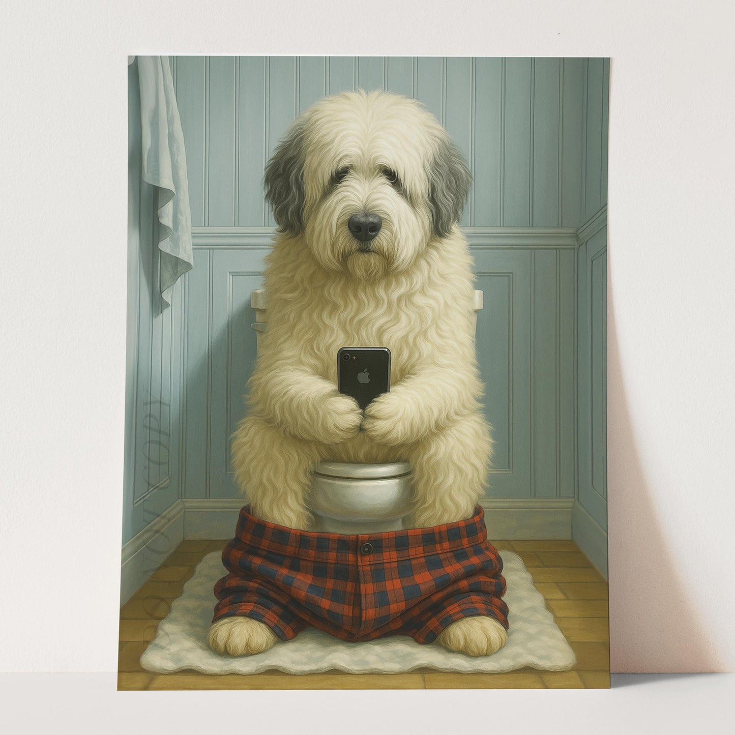 Old English Sheepdog On The Phone On The Toilet