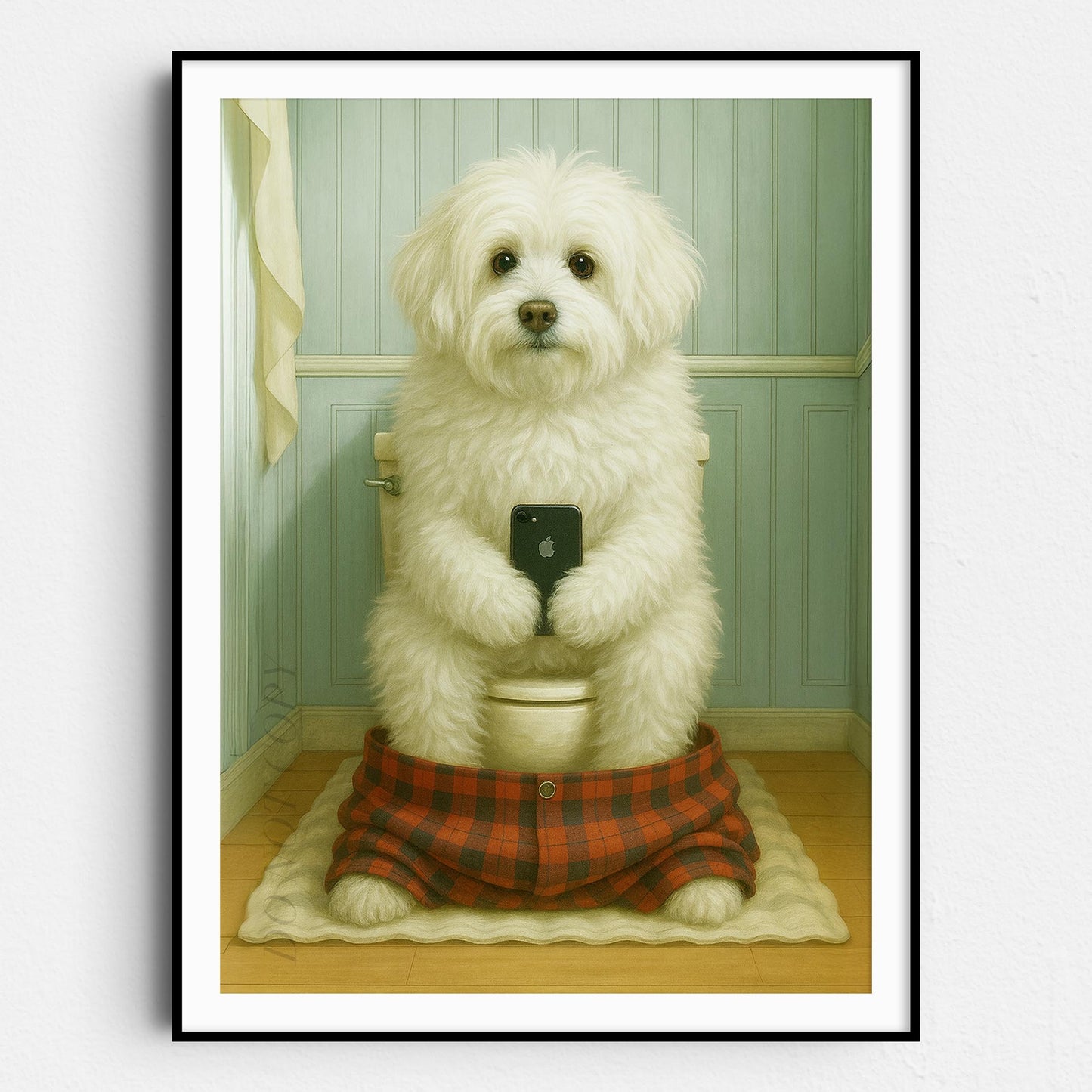 Coton de Tulear Dog On The Phone On The Toilet