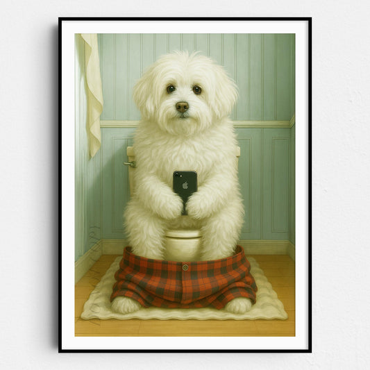 Coton de Tulear Dog On The Phone On The Toilet