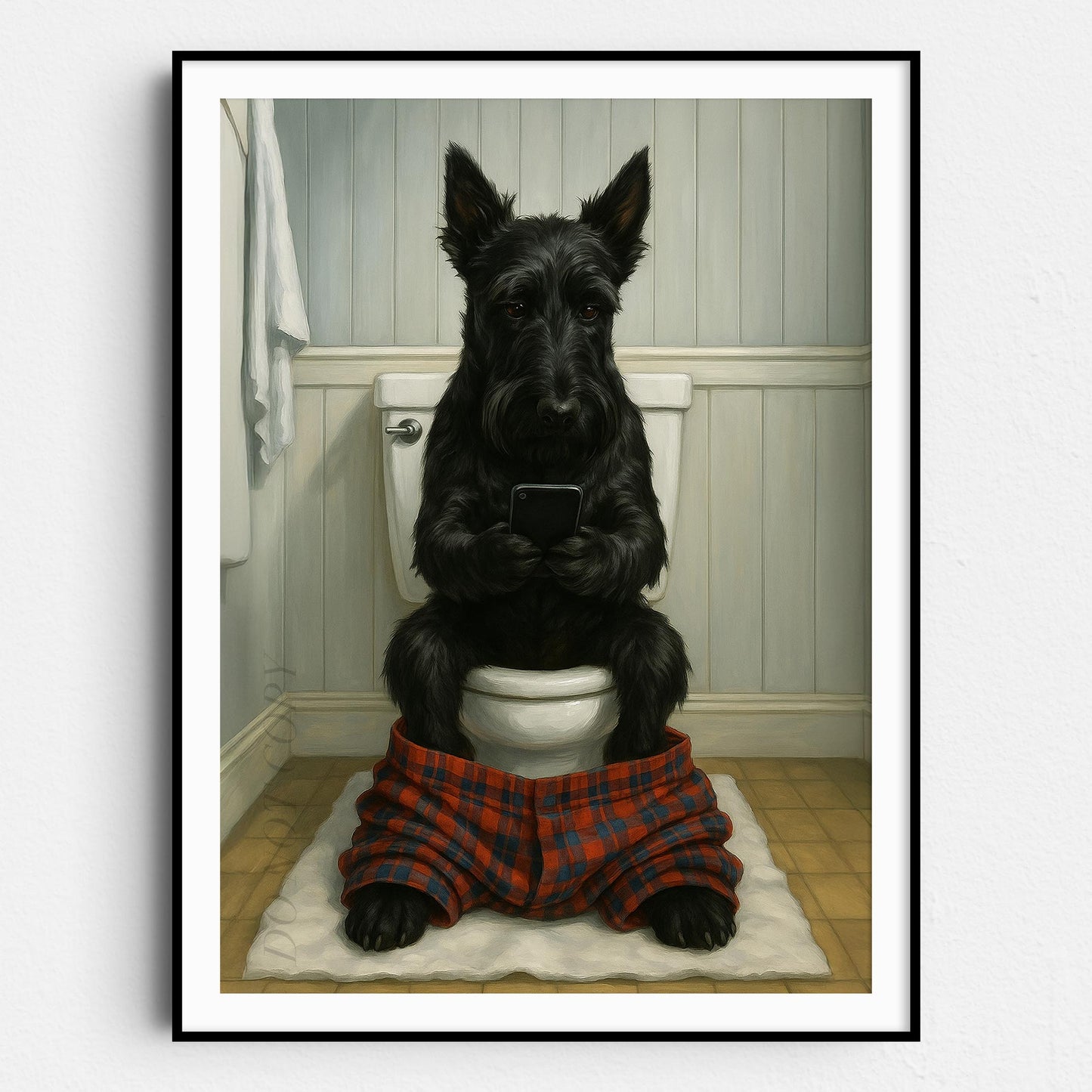 Scottish Terrier Dog On The Phone On The Toilet