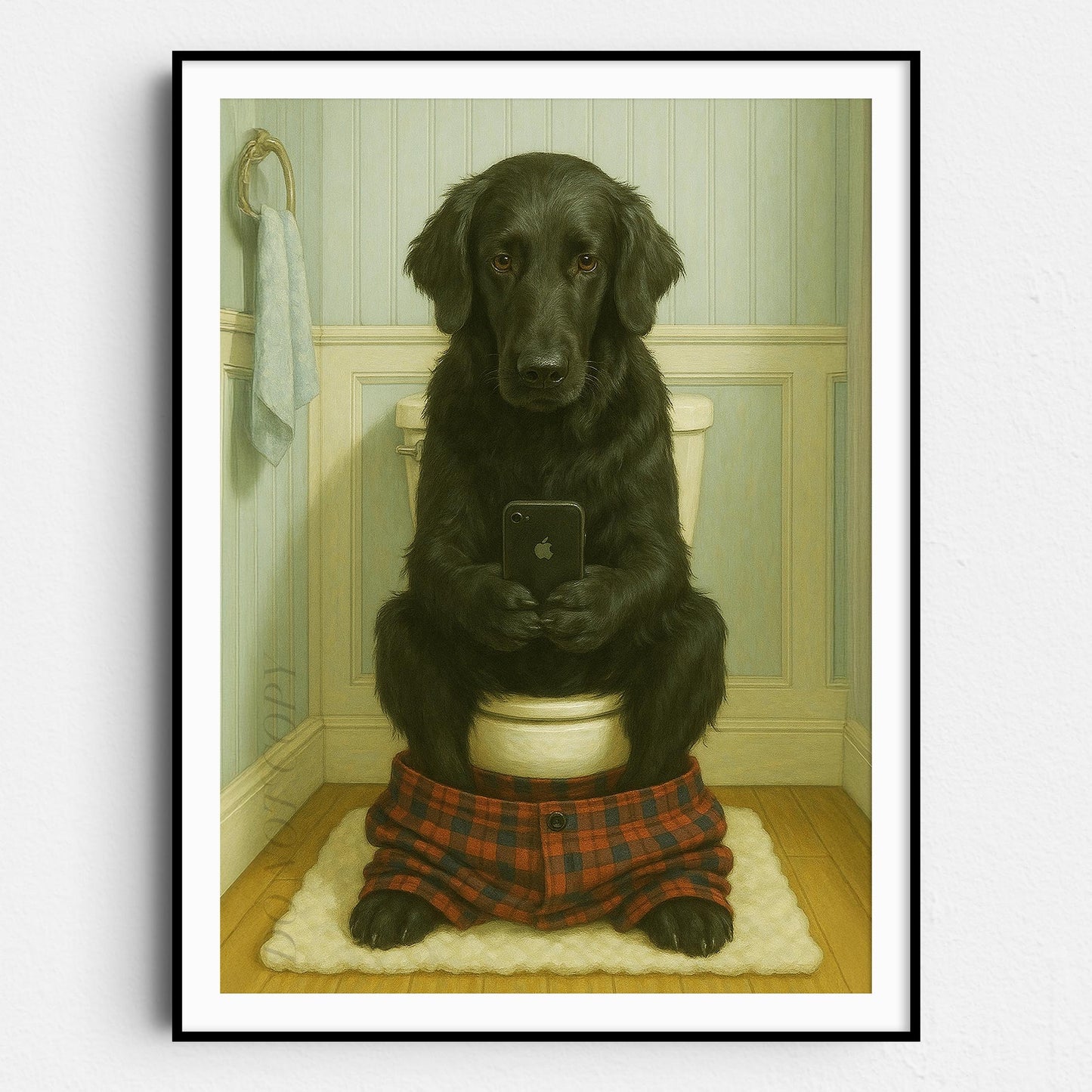 Flat-coated Retriever Dog On The Phone On The Toilet