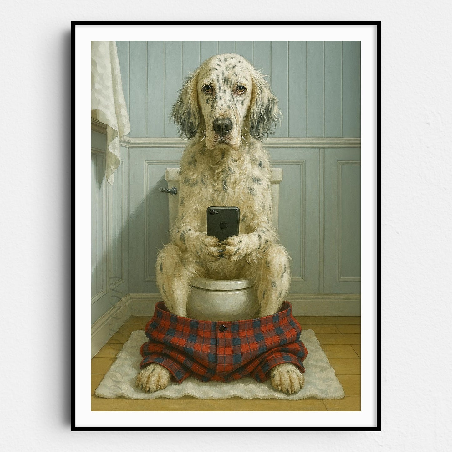English Setter Dog On The Phone On The Toilet