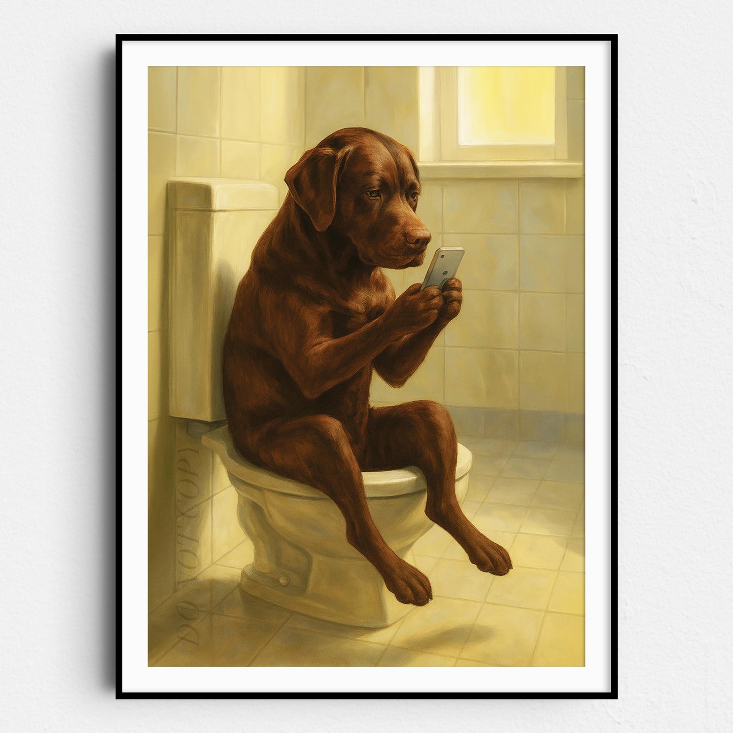 Chocolate Lab Dog On The Phone On The Toilet