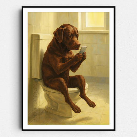Chocolate Lab Dog On The Phone On The Toilet