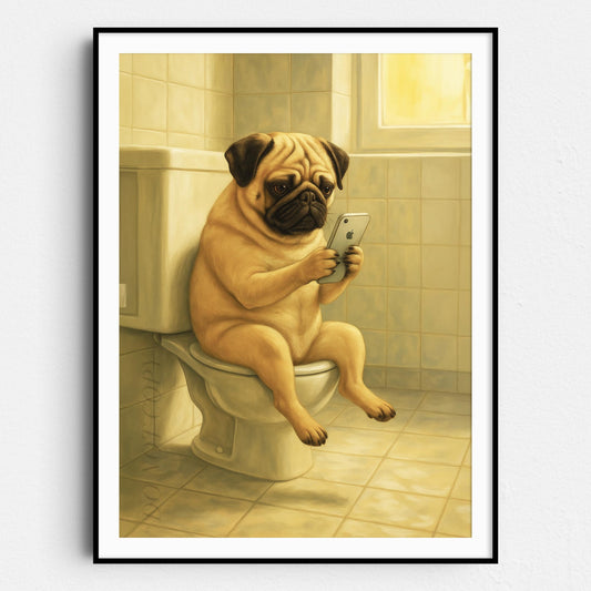 Pug Dog On The Phone On The Toilet