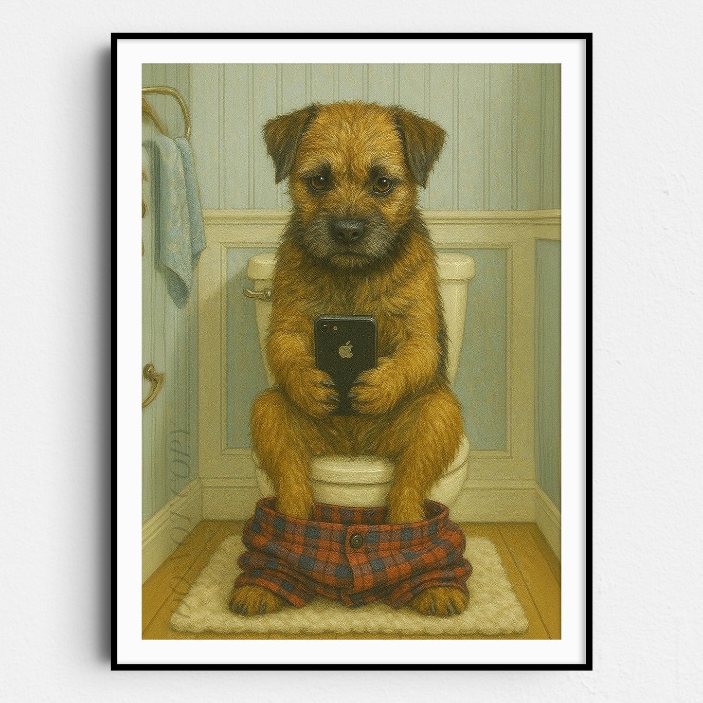 Border Terrier Dog On The Phone On The Toilet