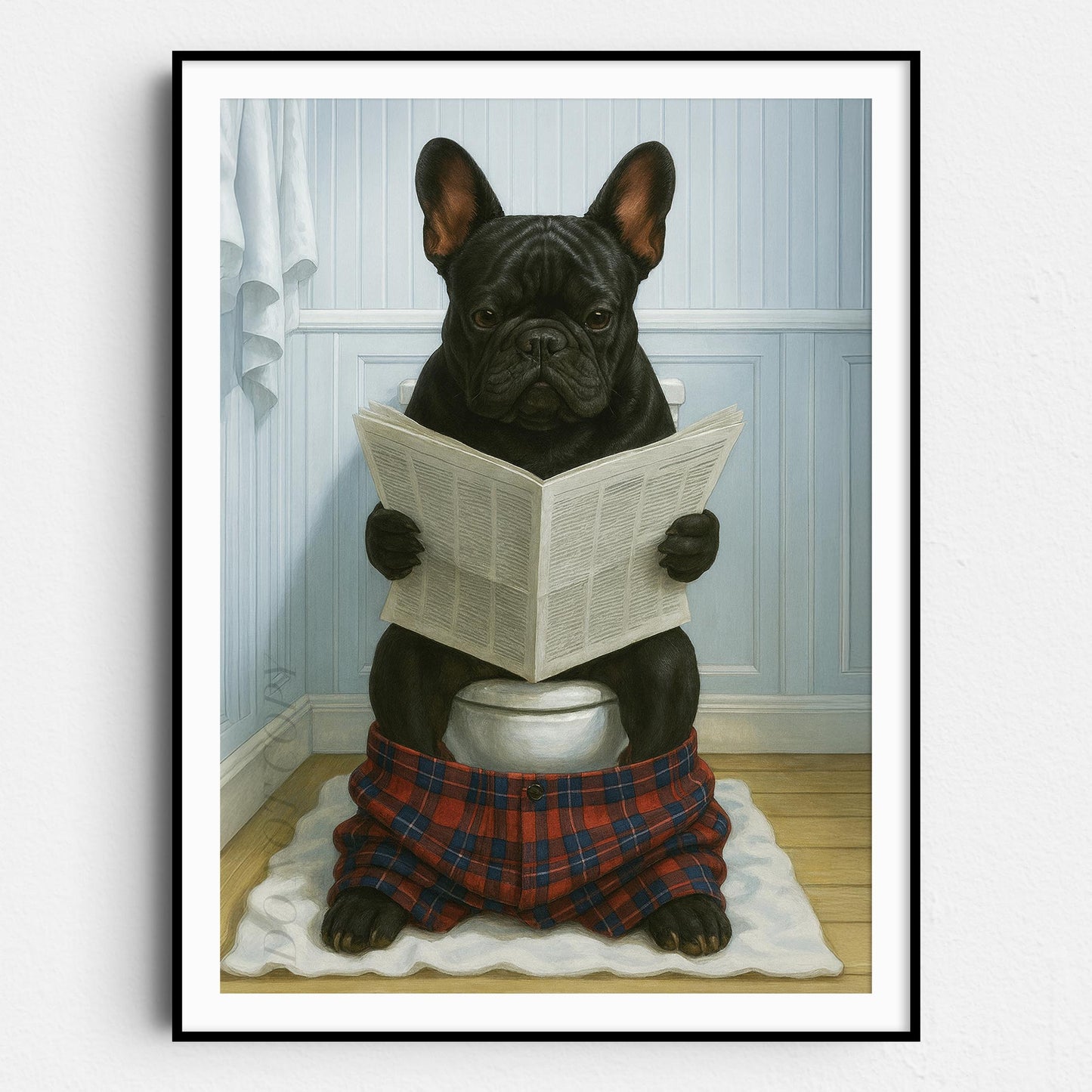 French Bulldog Reading The Newspaper On The Toilet