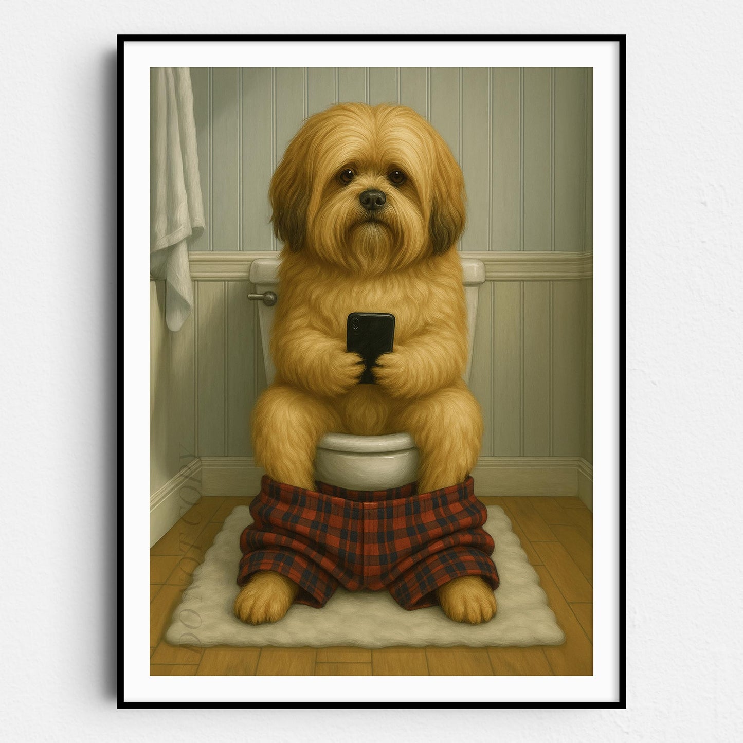 Lhasa Apso Dog On The Phone On The Toilet