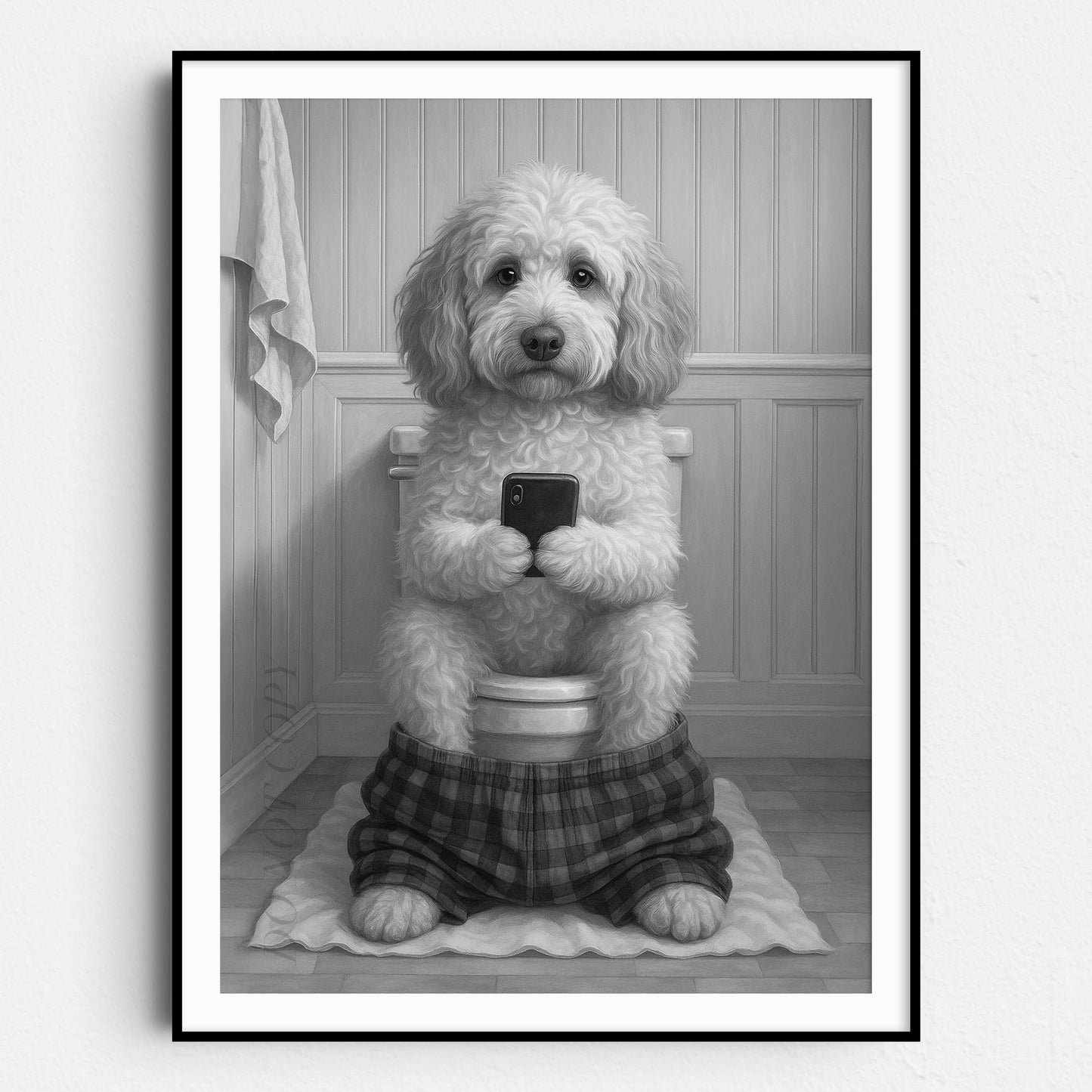 Labradoodle Dog On The Phone On The Toilet