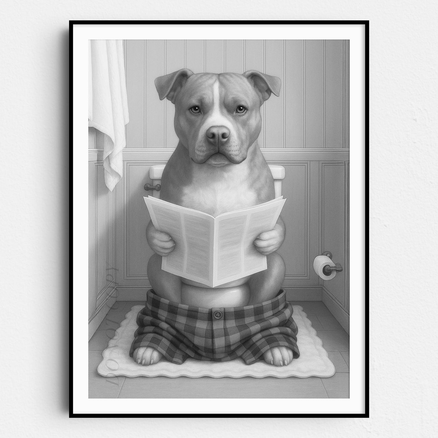 Pit Bull Dog Reading The Newspaper On The Toilet