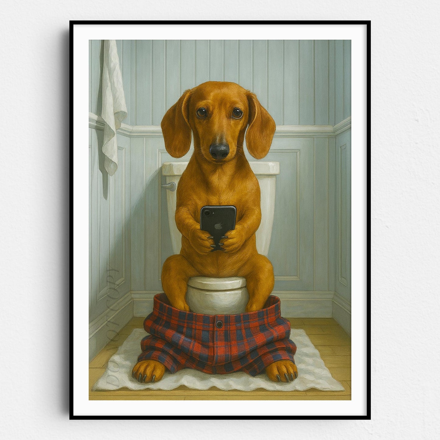Dachshund Dog On The Phone On The Toilet