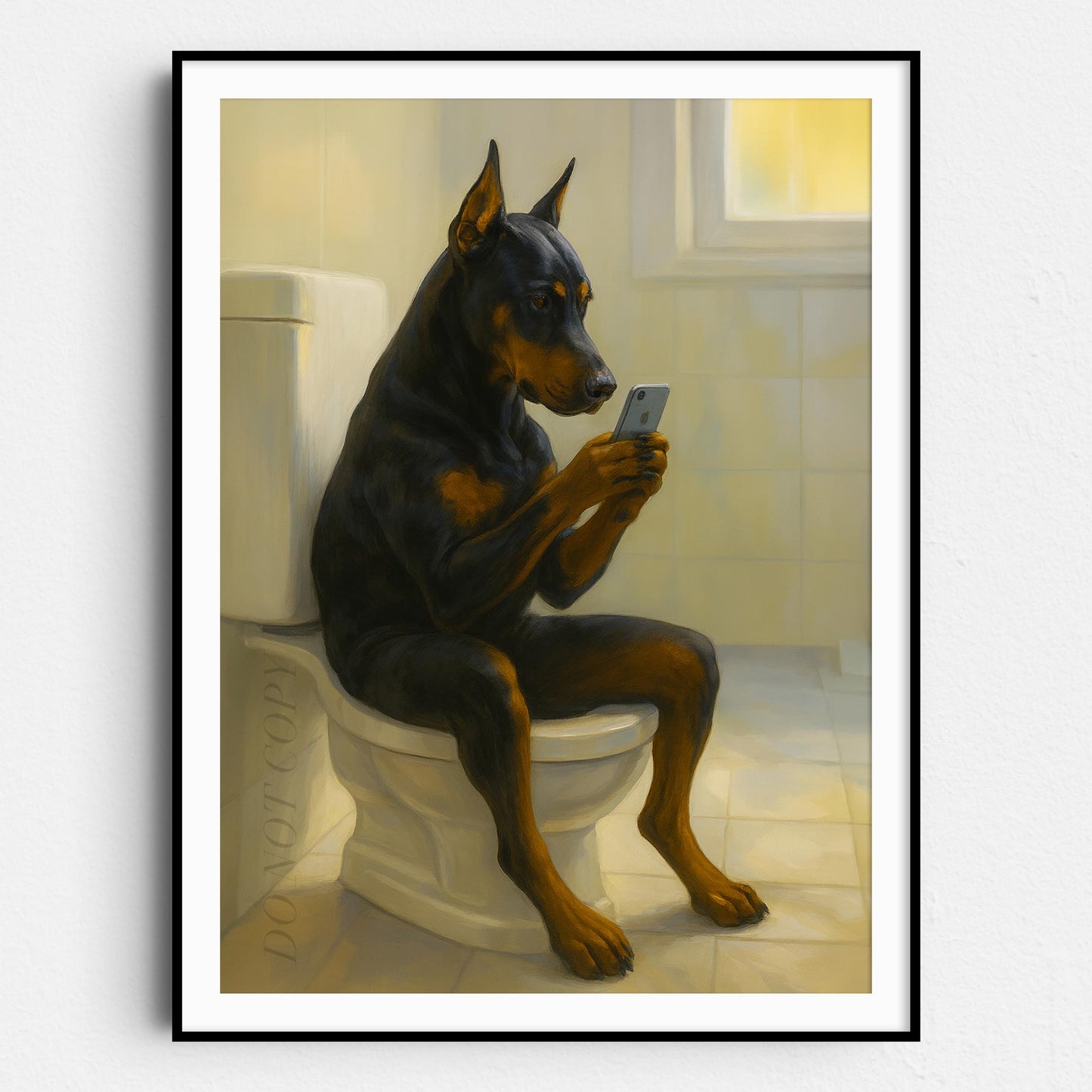 Doberman Pinscher Dog On The Phone On The Toilet