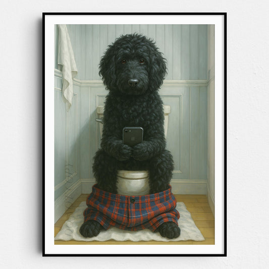 Black Golden Doodle Dog On The Phone On The Toilet