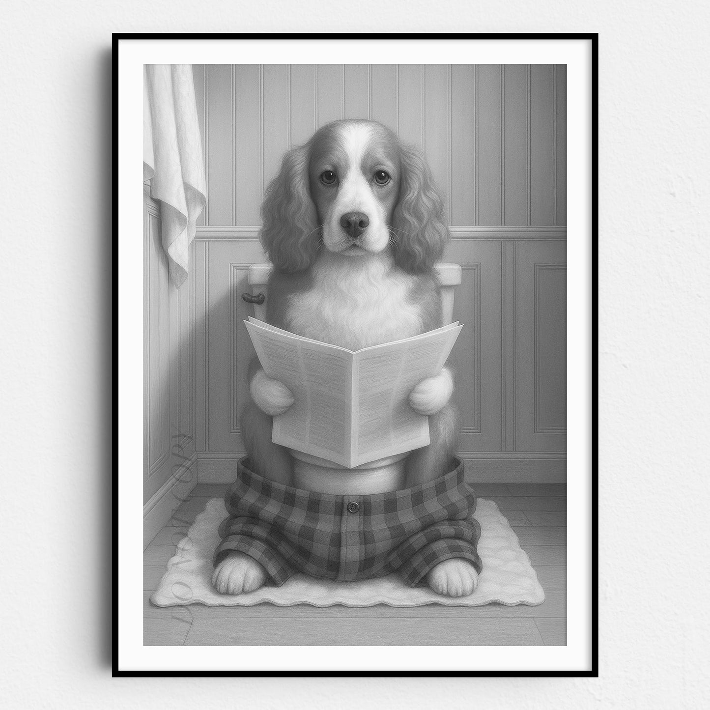 Cocker Spaniel Dog Reading The Newspaper On The Toilet