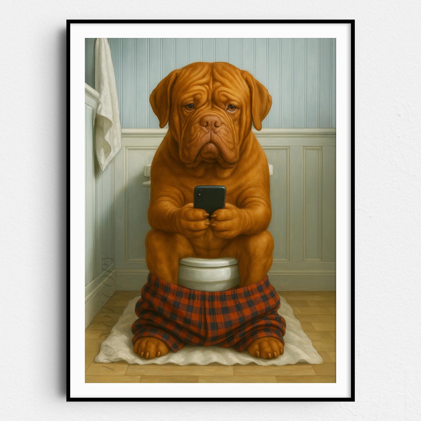 Dogue de Bordeaux Dog On The Phone On The Toilet