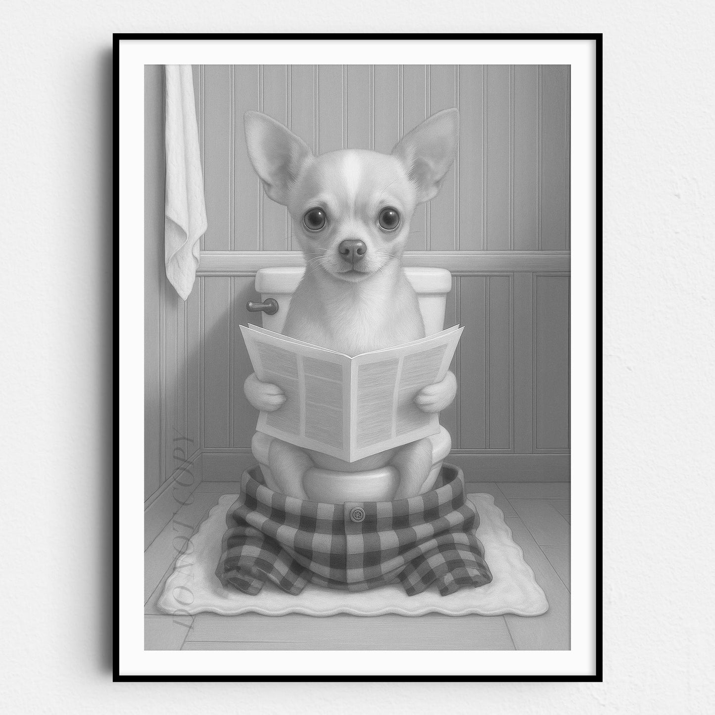 Chihuahua Dog Reading The Newspaper On The Toilet