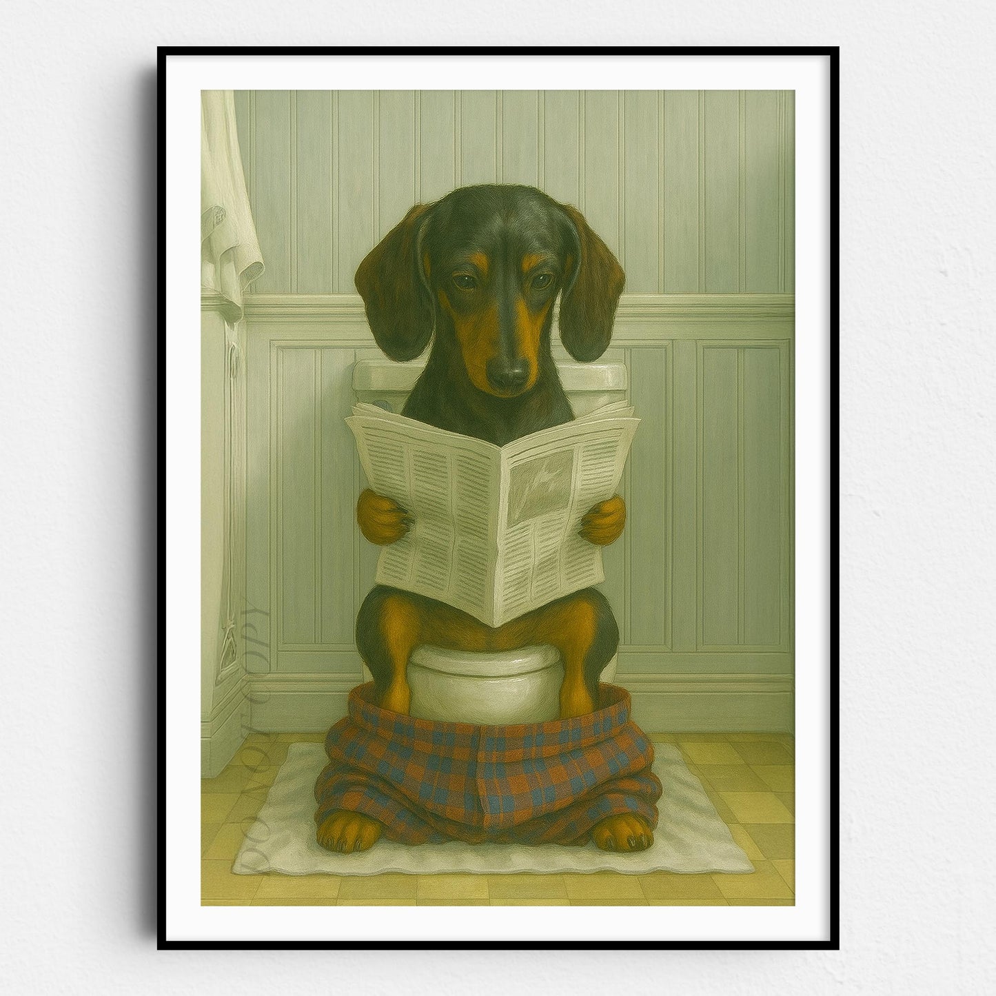 Dachshund Dog Reading The Newspaper On The Toilet