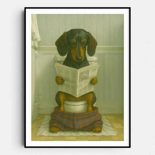 Dachshund Dog Reading The Newspaper On The Toilet