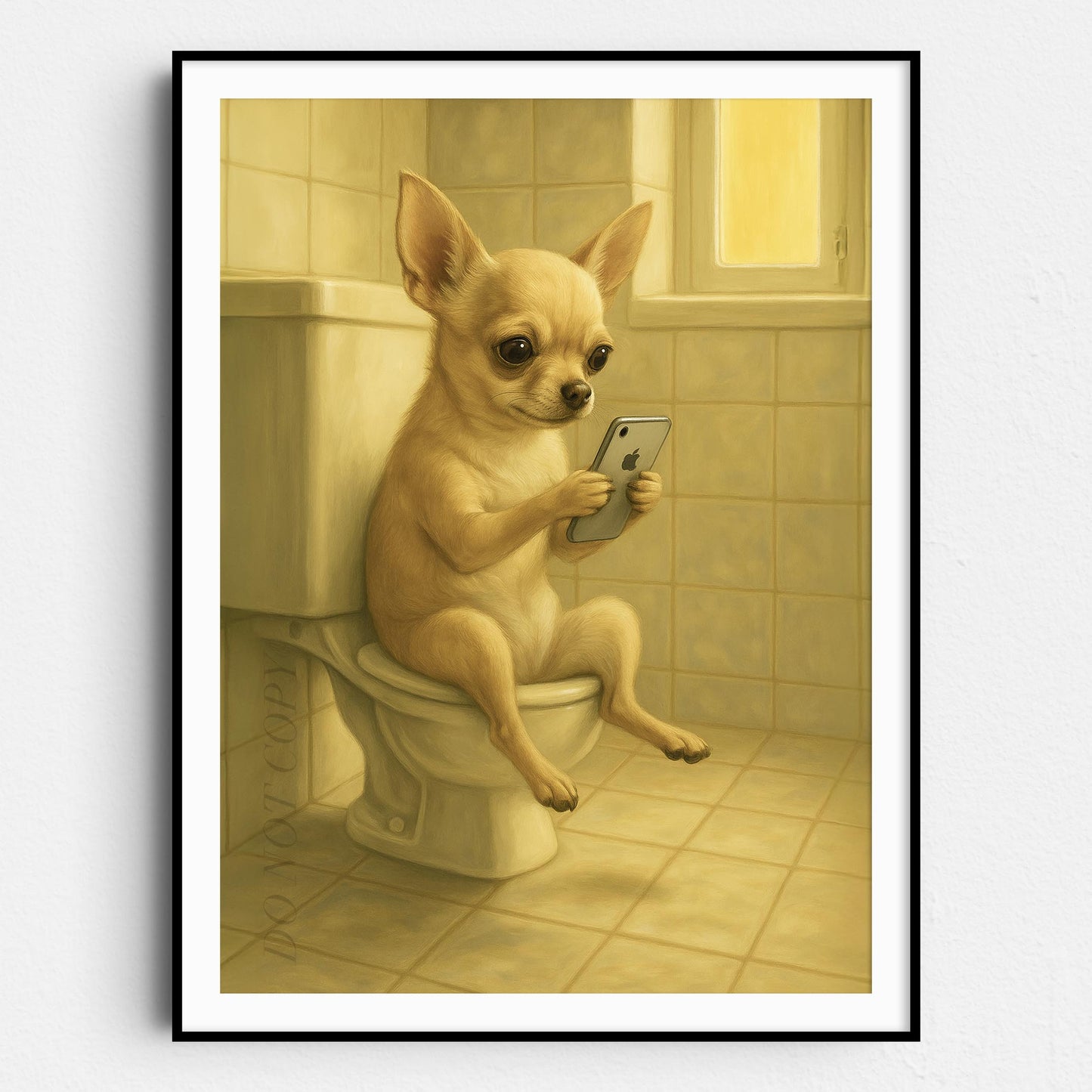 Chihuahua Dog On The Phone On The Toilet